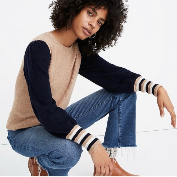Madewell Colorblock Baybrook Pullover Wool sweater in Tan and Navy Size XX-Small - Picture 1 of 9